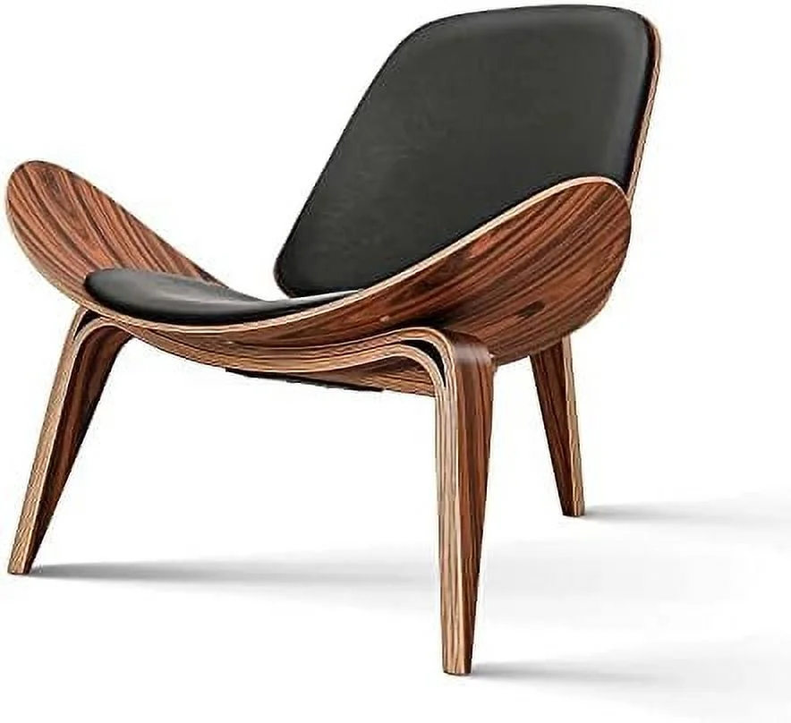 TJUNBOLIFE Mid Century Modern Shell Lounge Chair PU Leather Tripod Plywood Classic Design Solid Wood Accent Chairs for Living Room Reading Lounge
