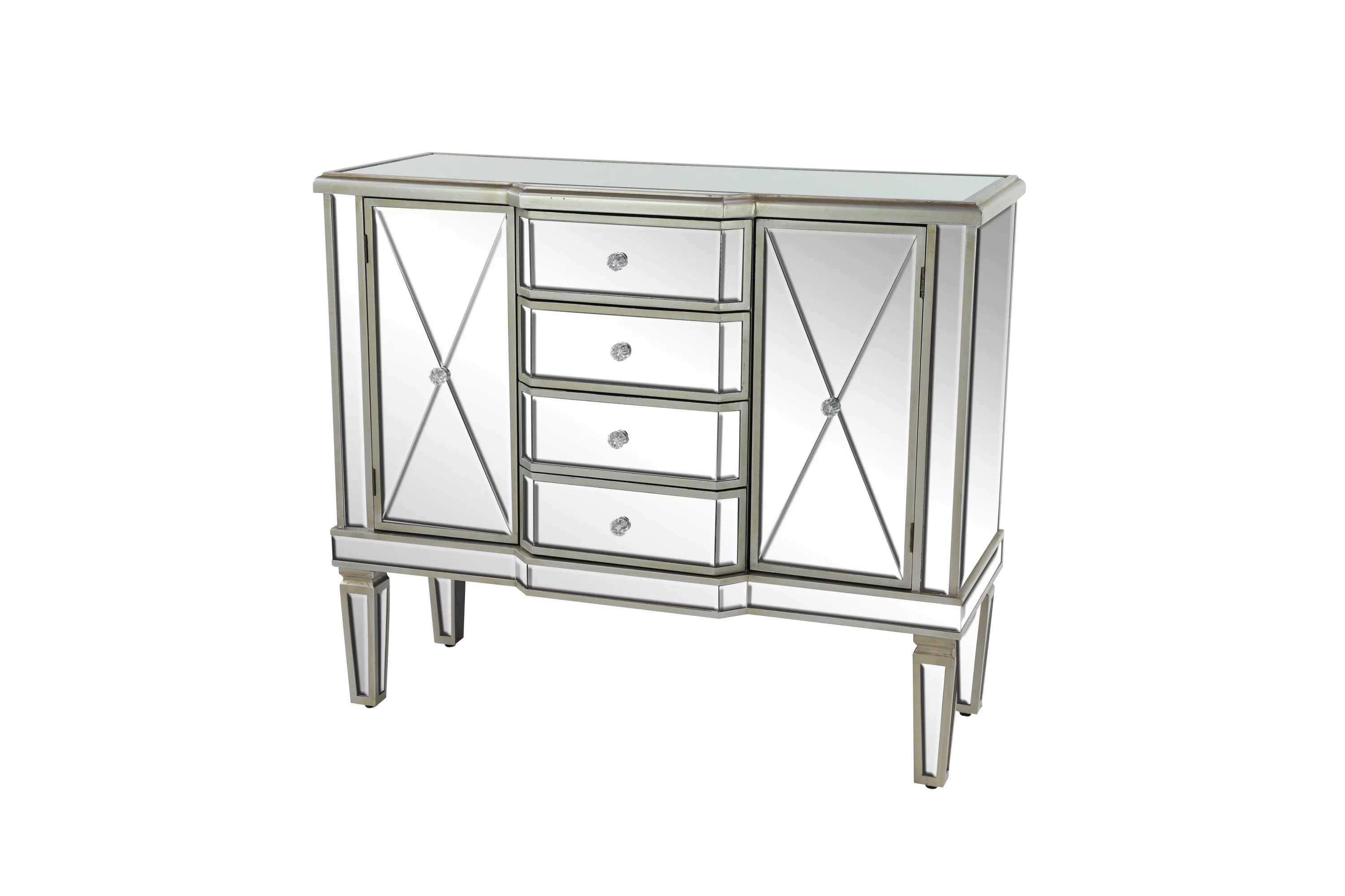 DecMode 39" x 34" Silver Wood Mirrored Panel 4 Drawers 2 Shelves and 2 Doors Buffet with Acrylic Knob Handles, 1-Piece