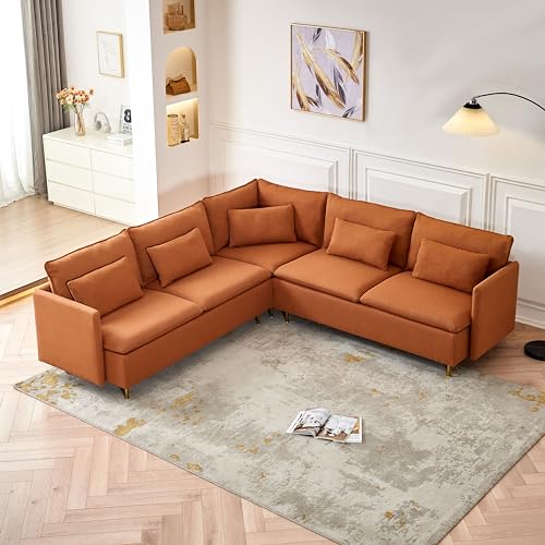 L Shaped Sectional Couch Sofa, 5 Seat Sofas with 5 Waist Pillow, Mid Century Modern Sectional Couches for Living Room