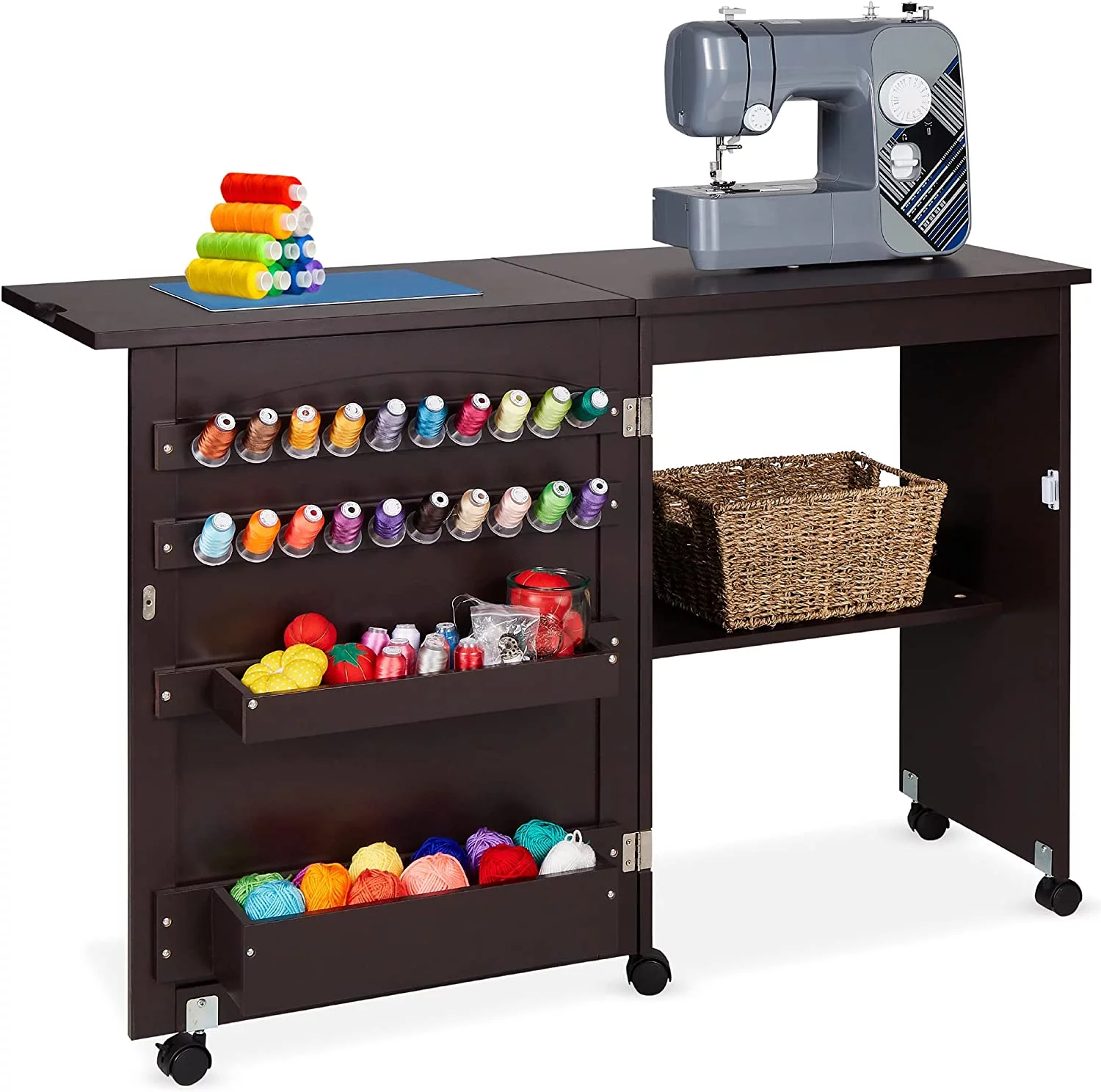 Folding Sewing Table Multipurpose Craft Station & Side Desk with Compact Design, Wheels, Shelves, Bins, Pegs, Magnetic Doors, Metal Doorknobs