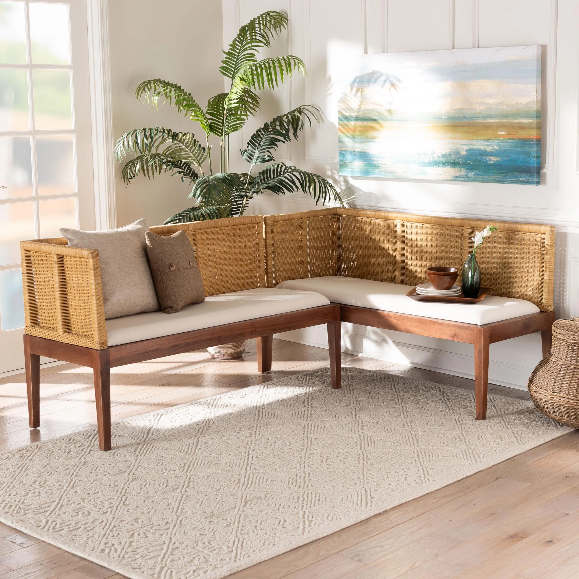 Baxton Studio Tabanan Boho Dining Nook Banquette set, 2-Piece, Brown