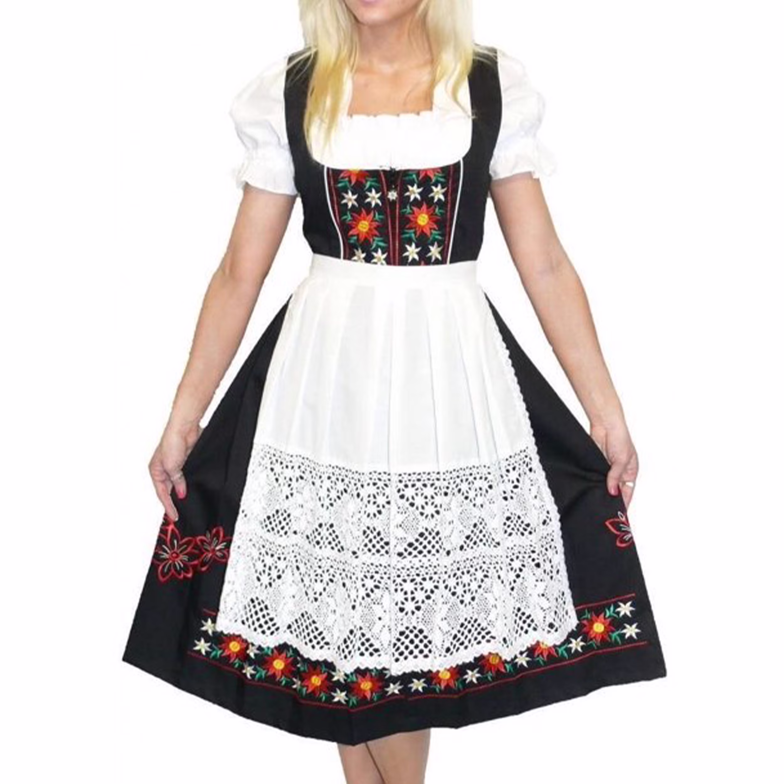 Dirndl Trachten Haus 3 Piece Long German Oktoberfest Dirndl Cotton Dress for Womens and Girls - Black