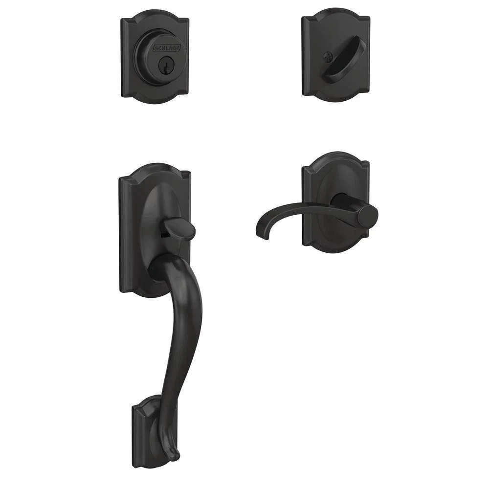 Schlage Custom Camelot Matte Black Single Cylinder Door Handleset with Whitney Door Lever 041206