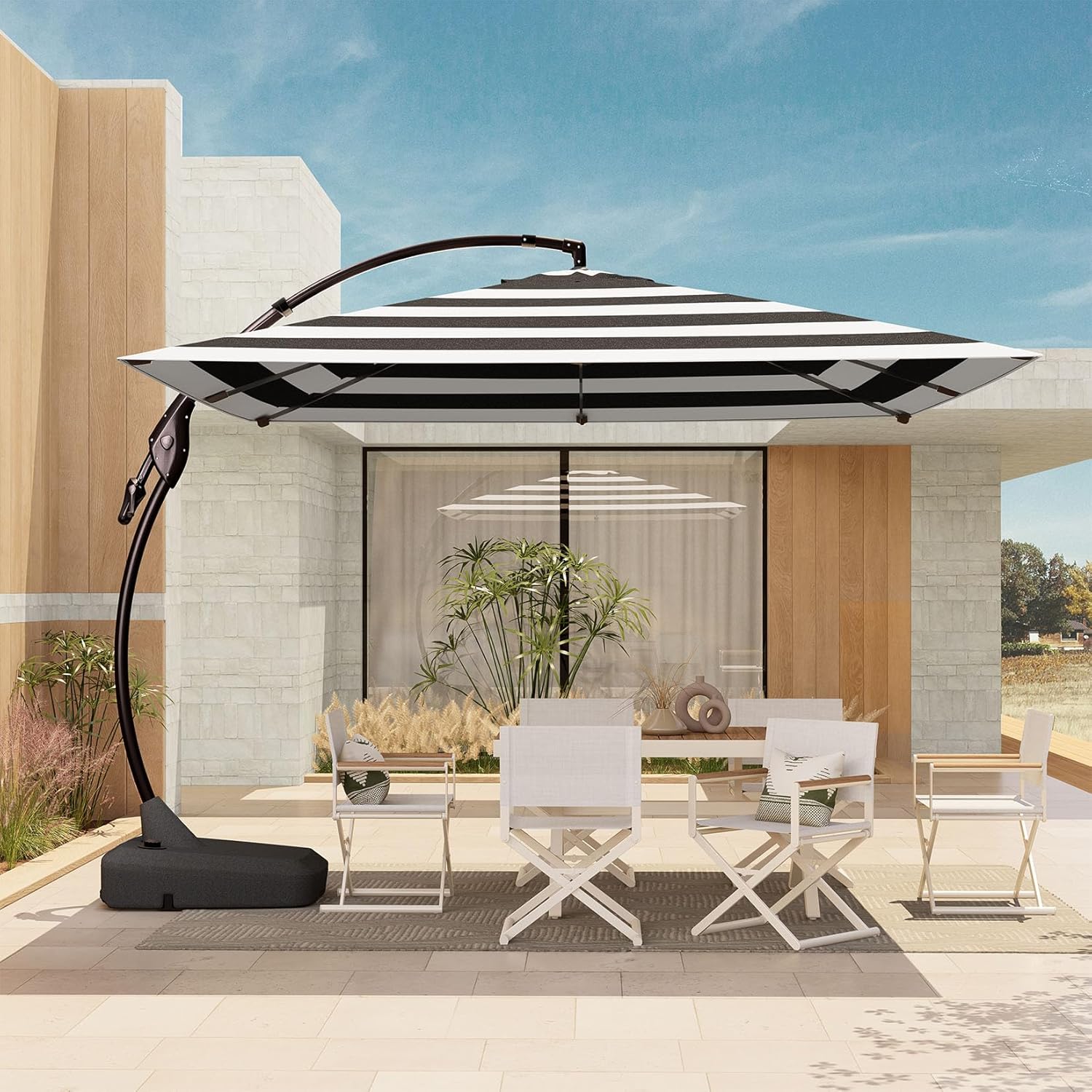 Grand patio 10'x10' Patio Offset Umbrella Aluminum Large Square Cantilever Umbrella Base Included for Deck Porch (Black & White, 10x10 FT)