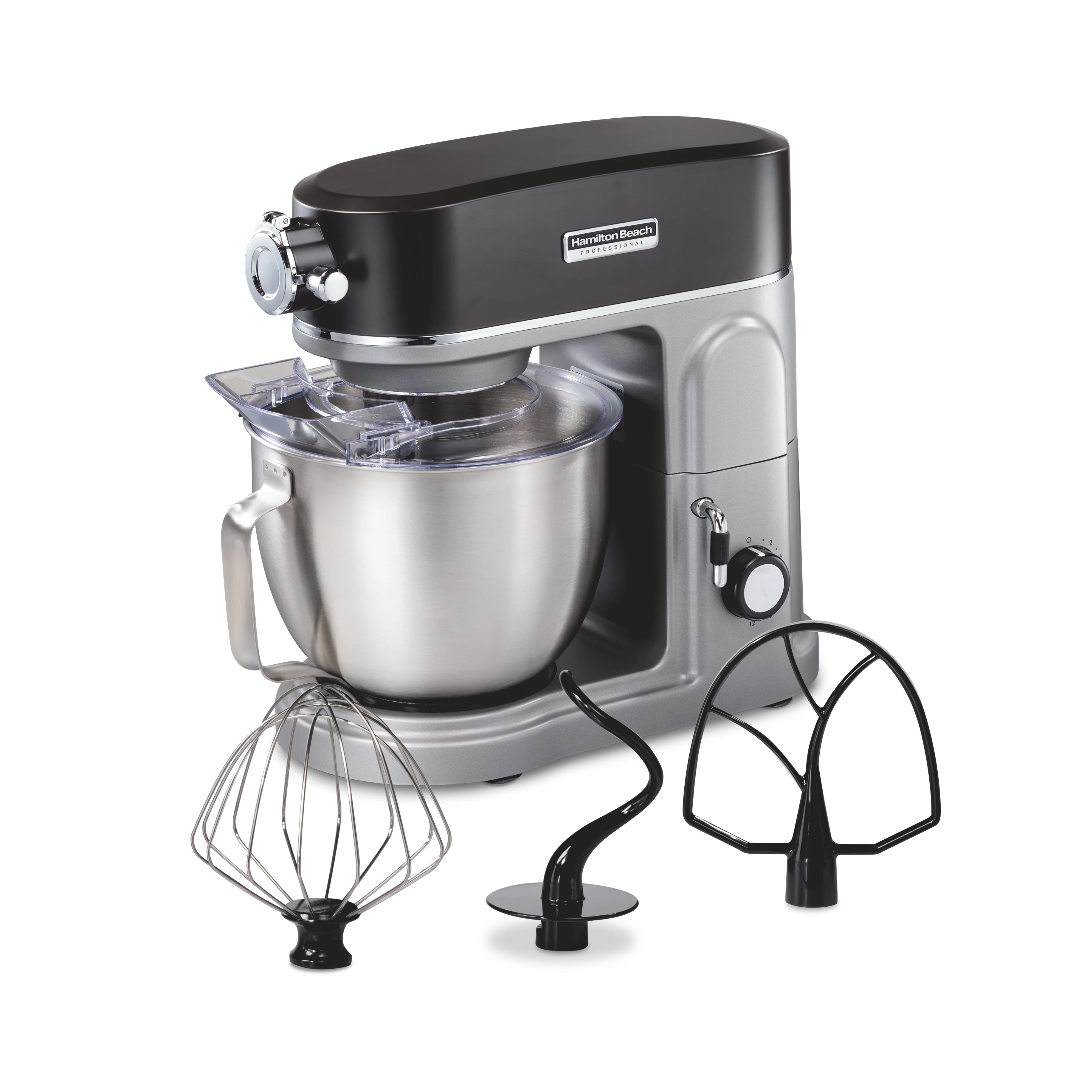 Hamilton Beach Professional All-Metal Stand Mixer, Specialty Attachment Hub, 5 Quart Bowl, 12 Speeds, Includes Flat Beater, Dough Hook, Whisk, Silver