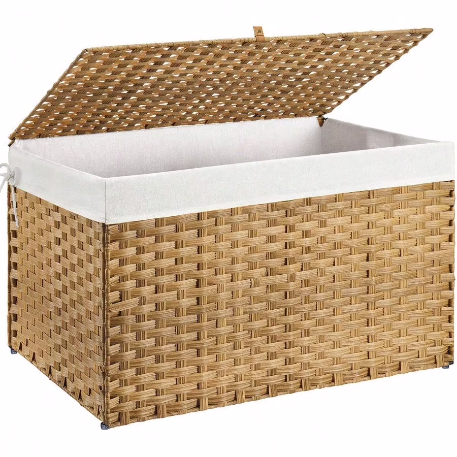 GREENSTELL Storage Basket with Lid 42.3 Gallon 160L Lagre Wicker Blanket Storage Basket with Handles Foldable 2 Removable Liner Bags Metal Frame for