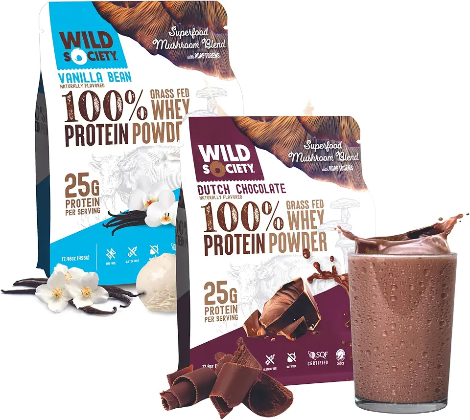 WILD SOCIETY - Top Flavor Mulitpack - 100% Grass Fed Whey Protein Powder + Superfood Mushrooms & Adaptogens - 25g Protein, Clean Protein Powder