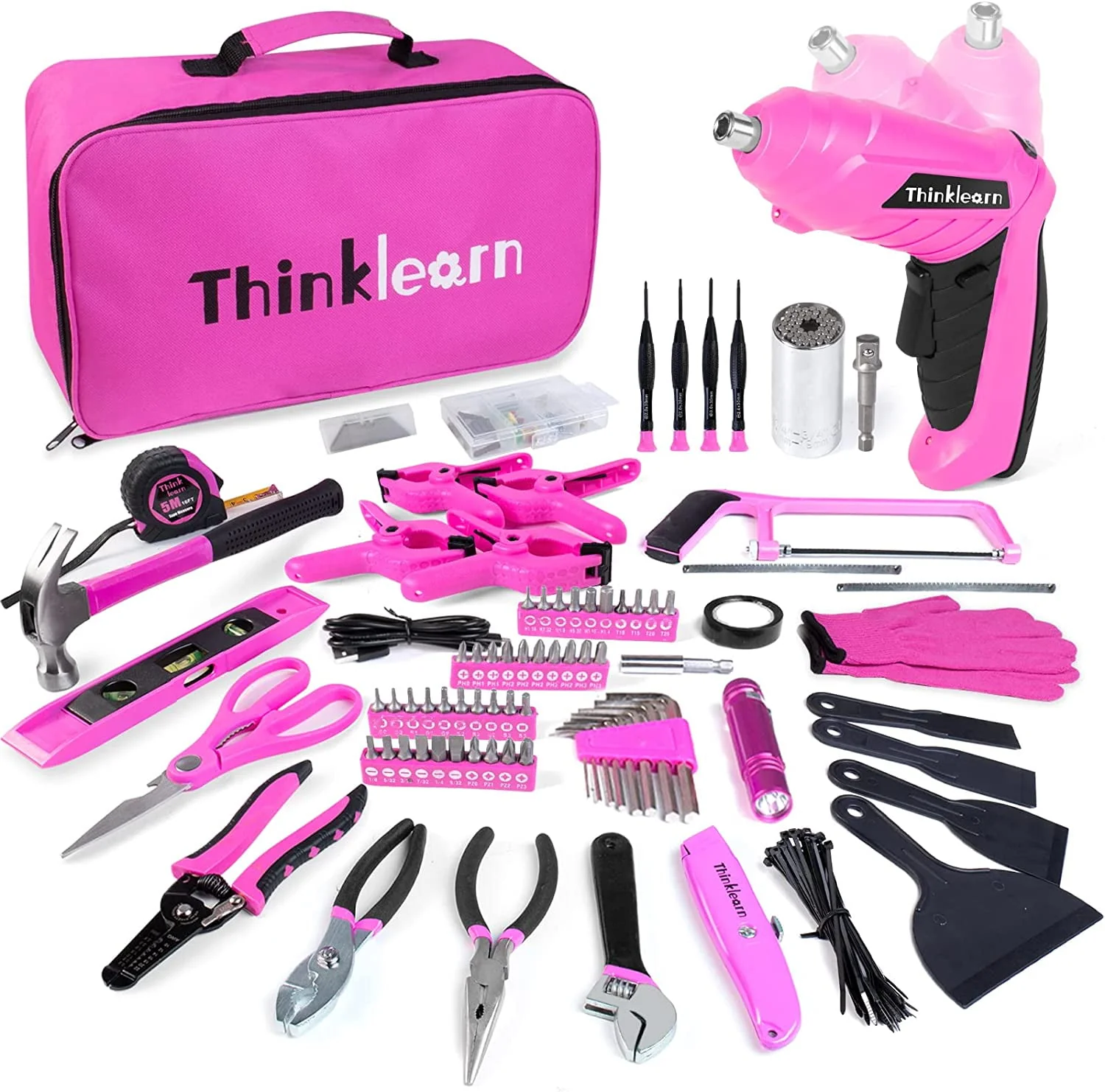 ThinkLearn Pink Tool Kit with 20V Cordless Drill(265in-lbs), Pink Drill Set for Women,Lady's Home Tool Kit for DIY