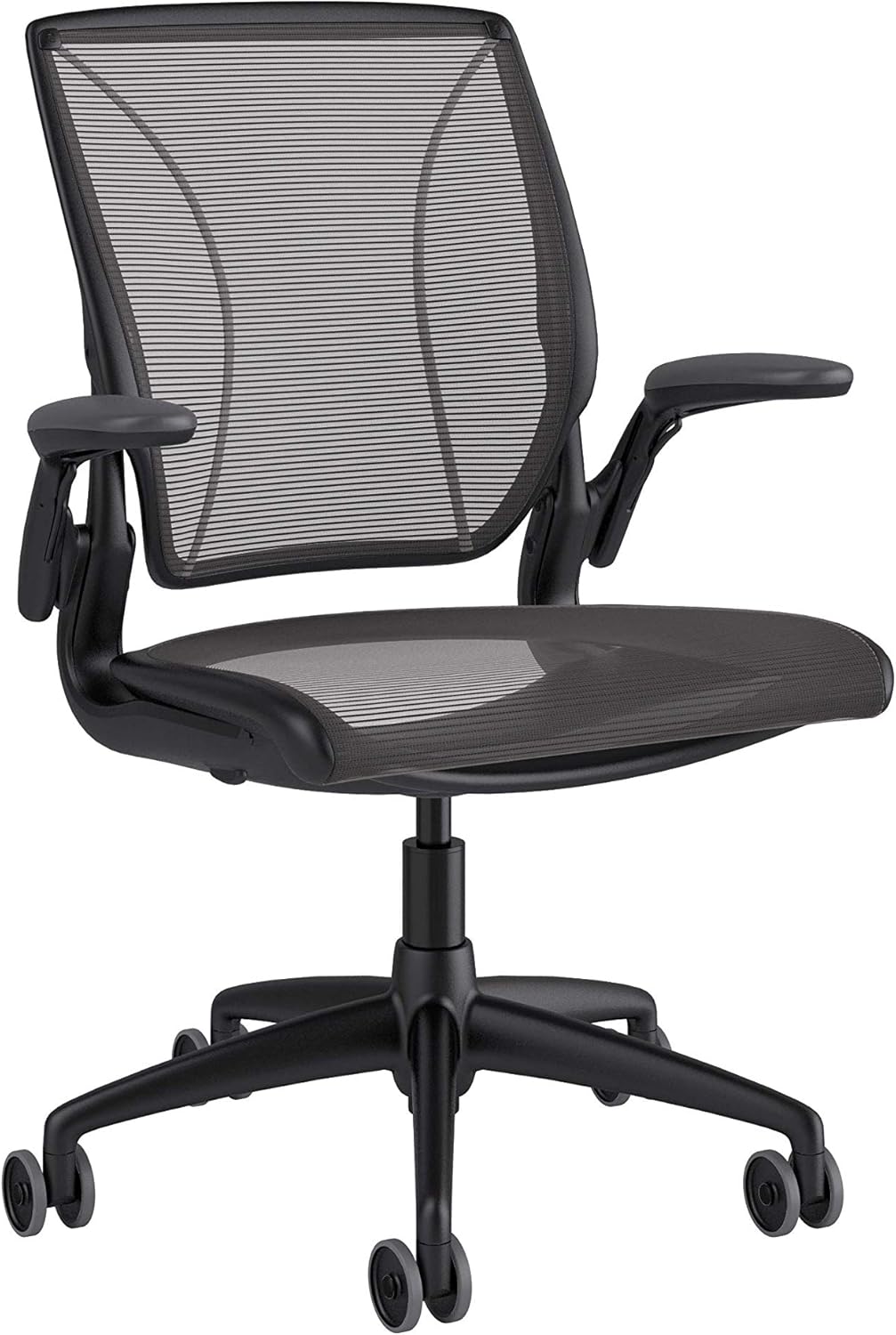 Humanscale Diffrient World Office Task Desk Chair - Adjustable Duron Arms - Black Frame Black Pinstripe Back and Seat Mesh W11BN10N10-S