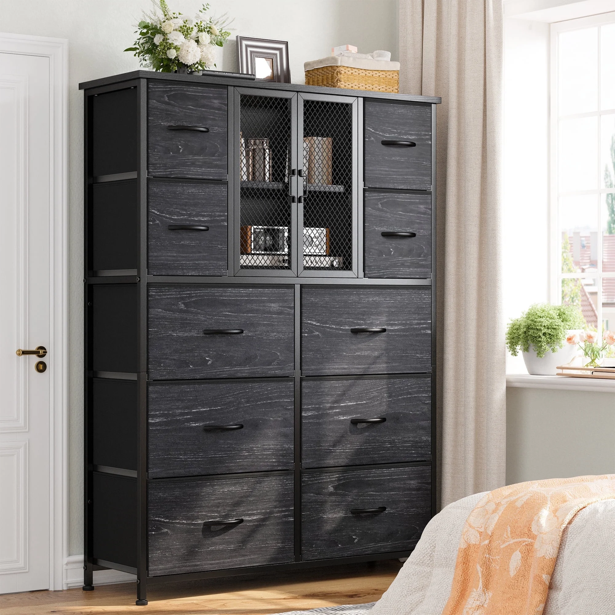 EnHomee Tall Dresser for Bedroom Large Dresser with Cabinet and 10 Drawers 38W x 48.1H Fabric Dresser for Closet,Black