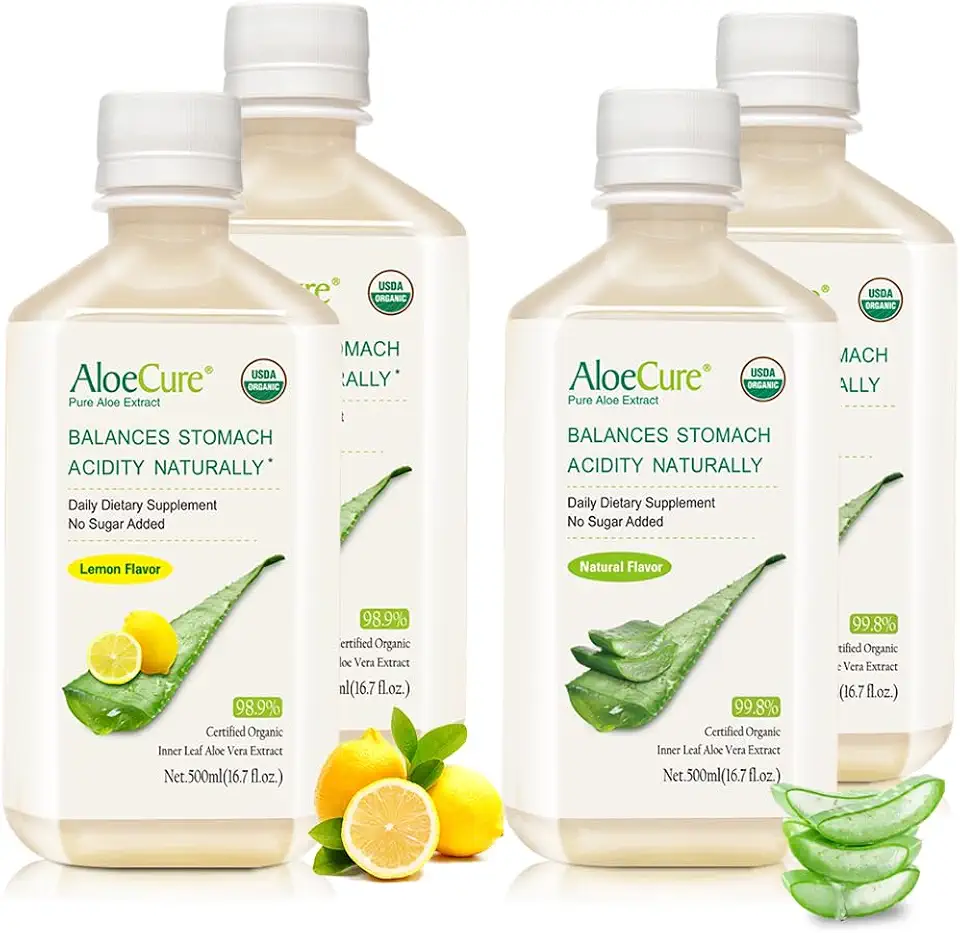 AloeCure Organic Aloe Vera Juice - 4 Bottle Sample Pack - Lemon & Natural Flavor, 4x500ml - Kansas Nuitrition - HNZSDS