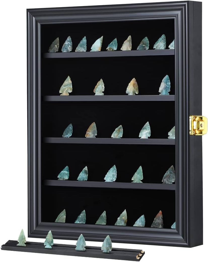 KCRasan Arrowhead Display Case Native American Arrowhead Shadow Box Wall Mount Arrowhead Collection Display Cabinet with Uv Protection for Agate Opal