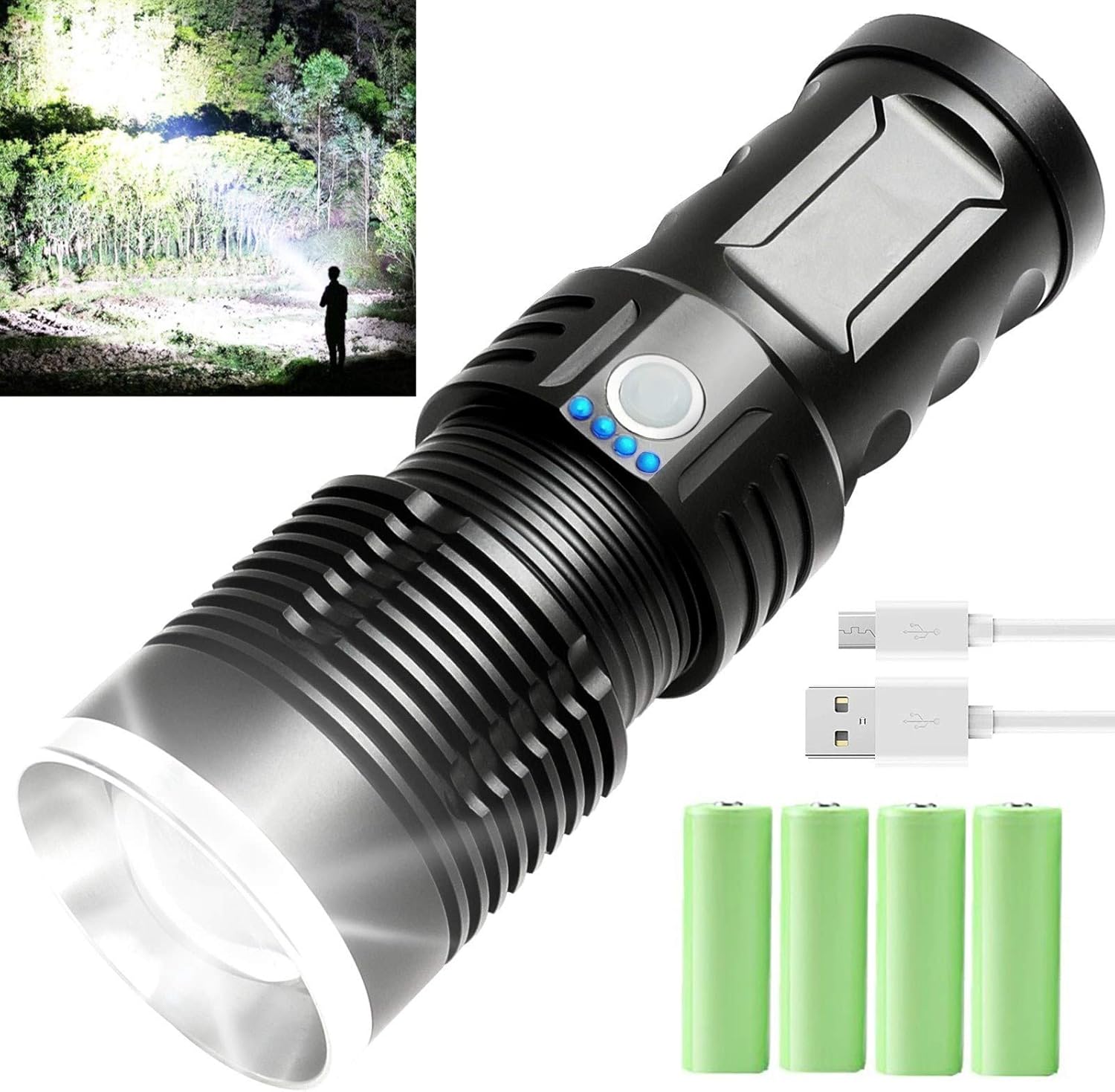 Led Flashlight, 100000 Lumen Super Bright Tactical Flashlights High Lumens with Battery & USB Cable, 3 Modes, Zoomable, Waterproof