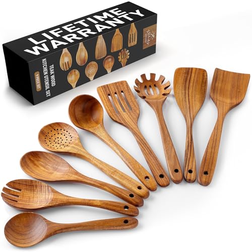 Zulay Kitchen 30-Piece Teak Wooden Utensils for Cooking - Natural Teak Utensil Set with Premium Gift Box - Non-Stick Wooden Spoons for Cooking