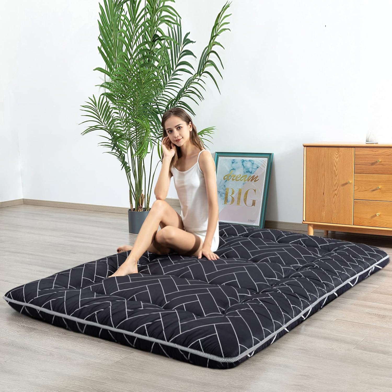 HIGOGOGO Black Futon Mattress for Floor, Thick Geometric Pattern Japanese Floor Mattress Sleeping Tatami Mat Roll Up Camping Mattress