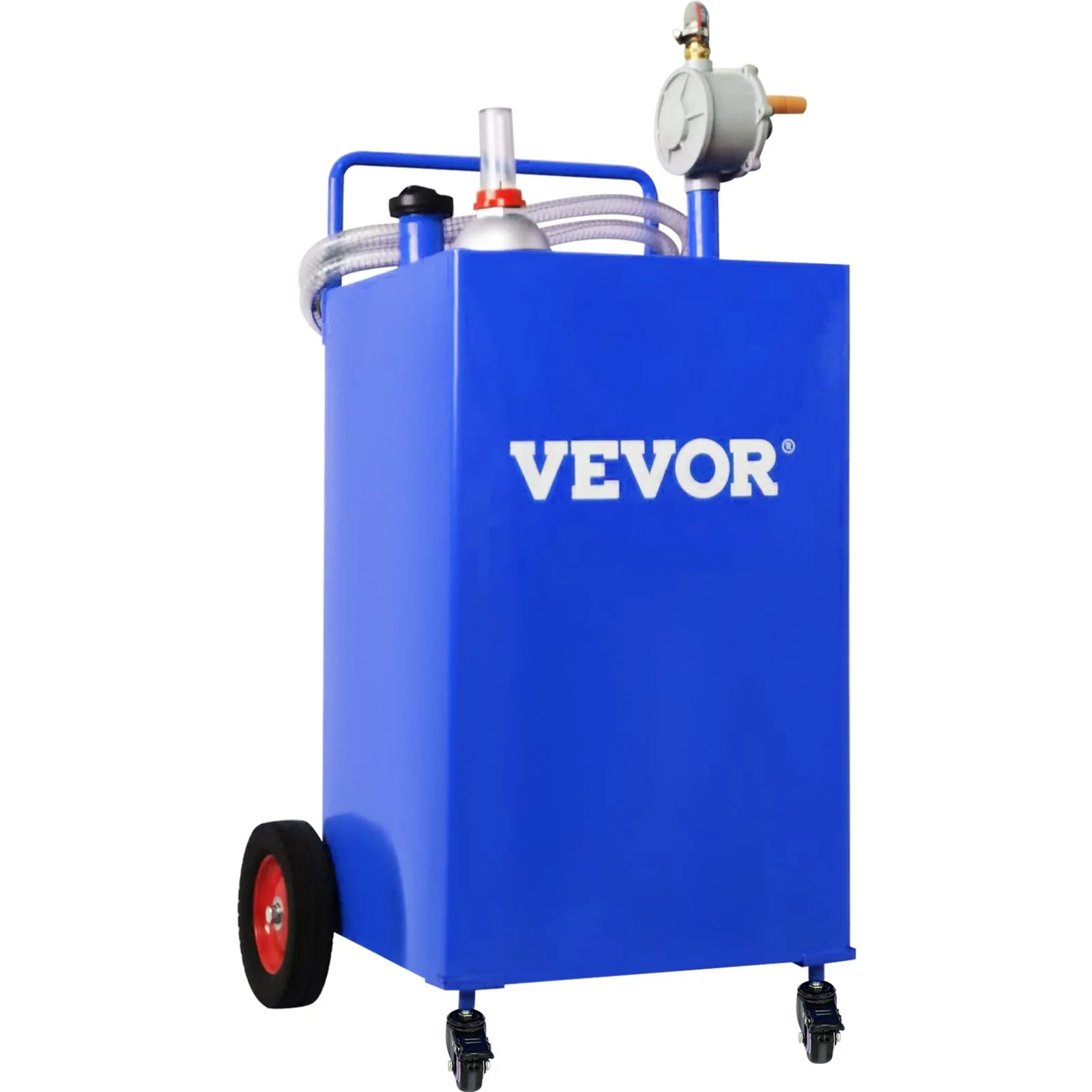 VEVOR 30 Gallon Fuel Caddy with Manual Transfer Pump, Portable Gas Storage Tank on 4 Wheels for Cars, Lawn Mowers, ATVs, Boats, and More - Blue
