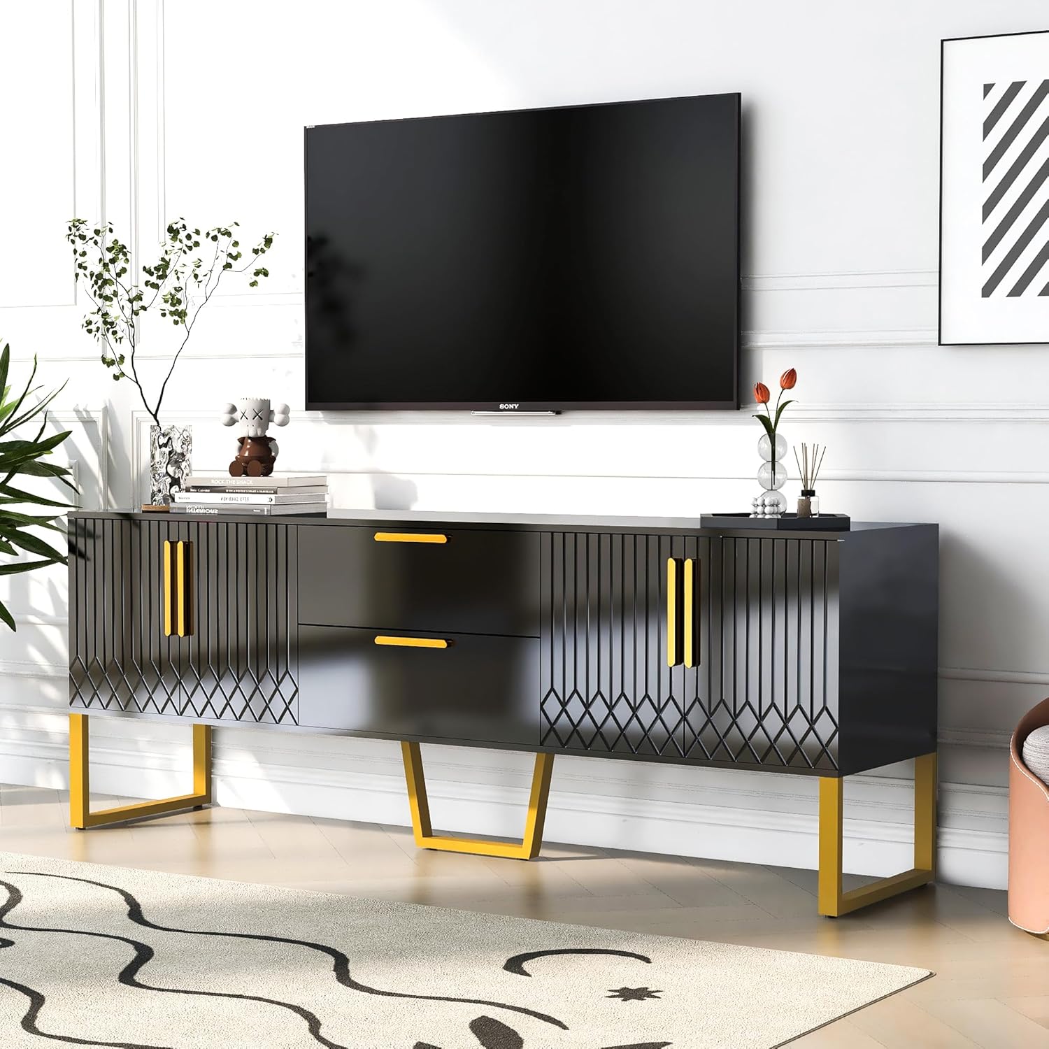 TV Stand for TVs up to 75 Inches, Television Stand with Drawer & Doors, Modern Entertainment Center Media Console for Living Room Bedroom Media Room