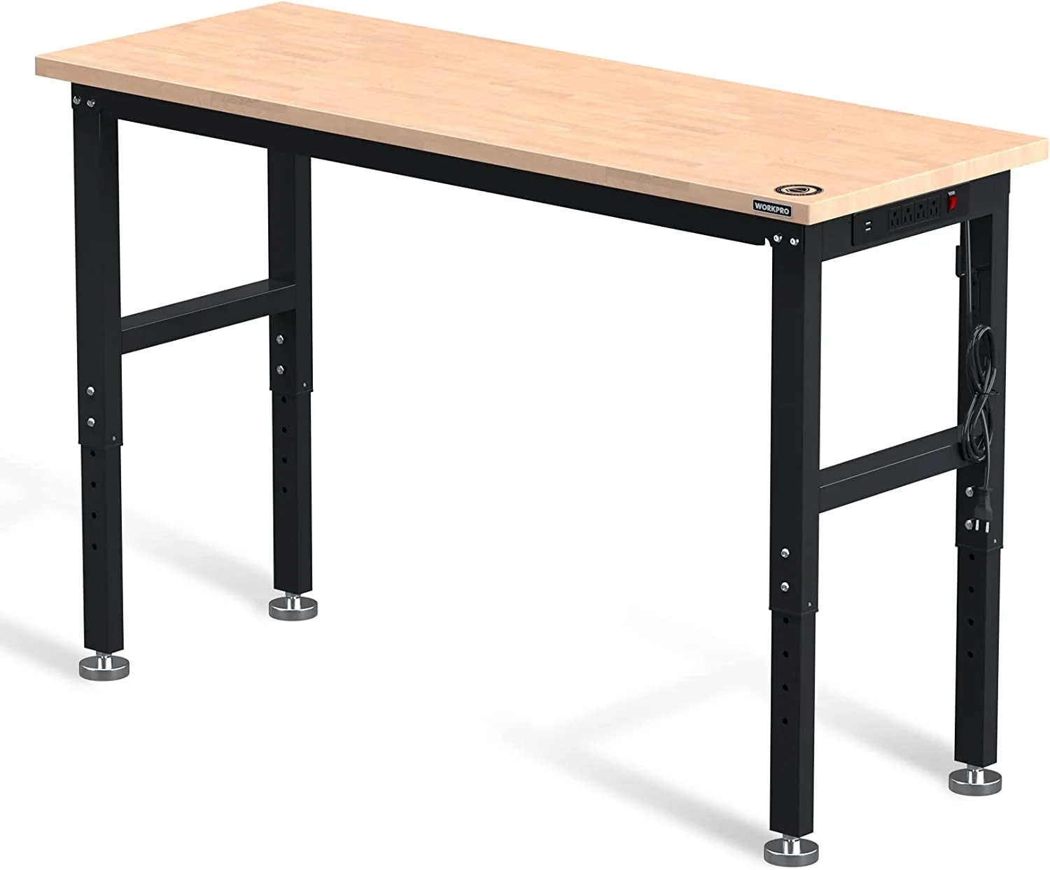 WORKPRO 60" Adjustable Workbench, Rubber Wood Top Heavy-Duty Workstation, 2000 LBS Load Capacity Hardwood Worktable with Power Outlets, for Workshop