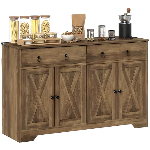 HOMCOM 48" Sideboard Buffet with Storage, Kitchen Storage Cabinet with 2 Drawers and 4 Barn Doors
