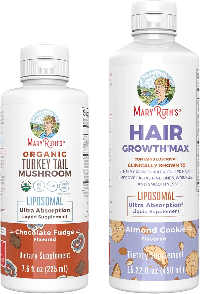 MaryRuth Organics Turkey Tail Mushroom Liposomal (Chocolate Fudge) & Hair Growth MAX (Almond Cookie) | Clean Label Project Verified® | Vitamins for