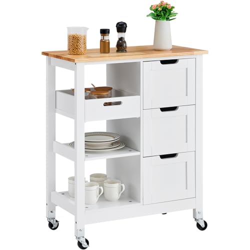 VEVOR Kitchen Island Cart, 26 inch Wood Top Mobile Breakfast Bar, Rolling Kitchen Table with 3 Drawers and Shelves, Portable Islands on Wheels