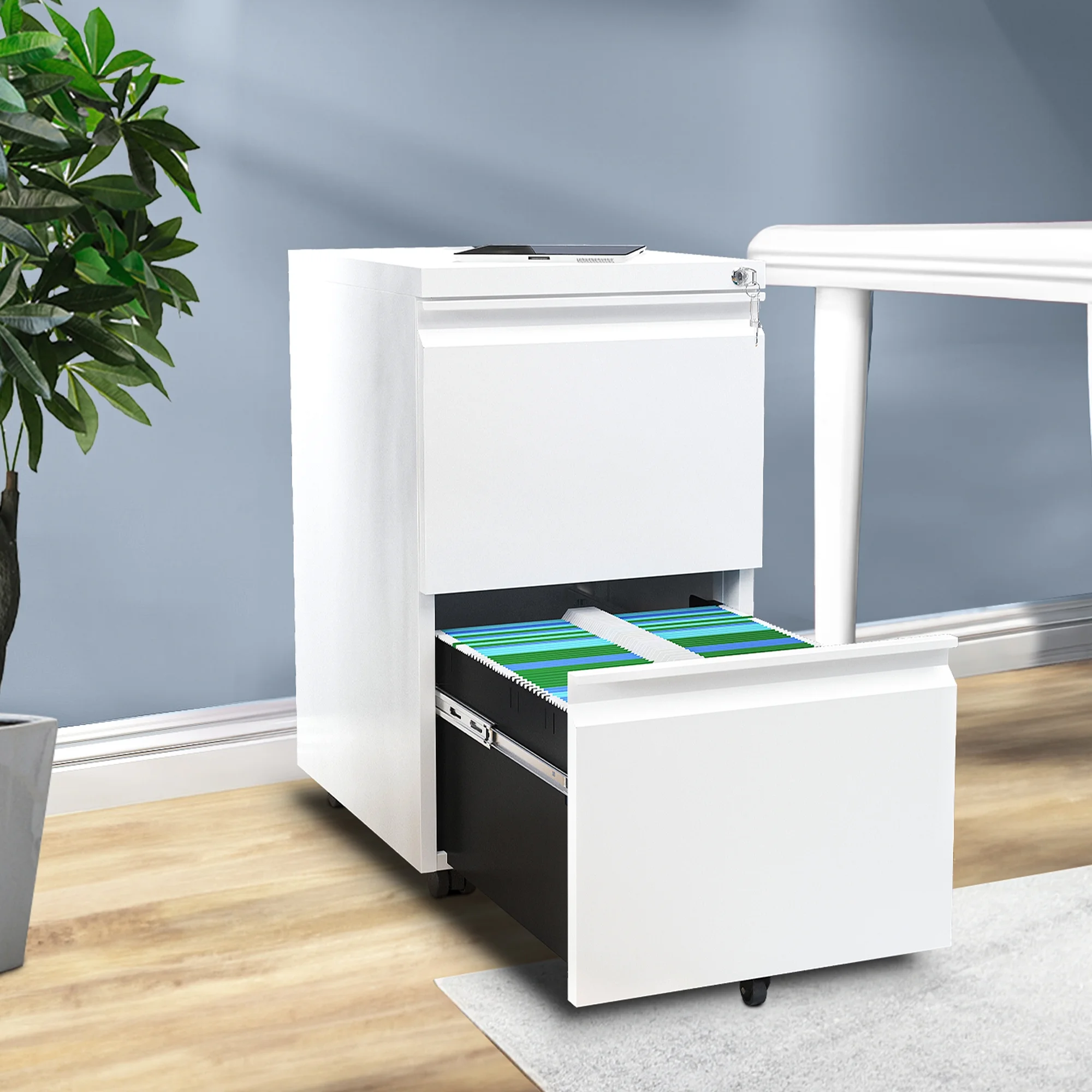 2-Drawer Vertical File Cabinet with Lock, Mobile Metal Filing Cabinet for Legal/Letter Size, Pre-Built Office Storage Cabinet, White