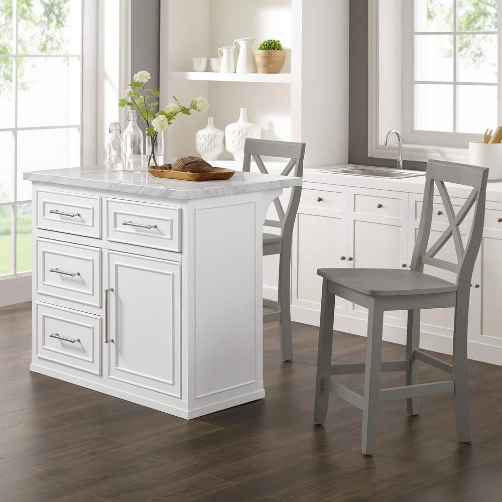 Crosley Furniture Cutler 3-Piece Wood Kitchen Island w/ X-Back Stools in White