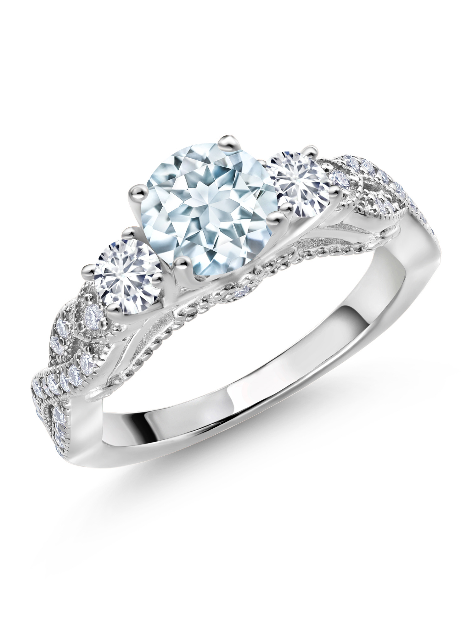 Gem Stone King 925 Sterling Silver Sky Blue Aquamarine White Diamond and White Moissanite Engagement Ring For Women (1.22 Cttw