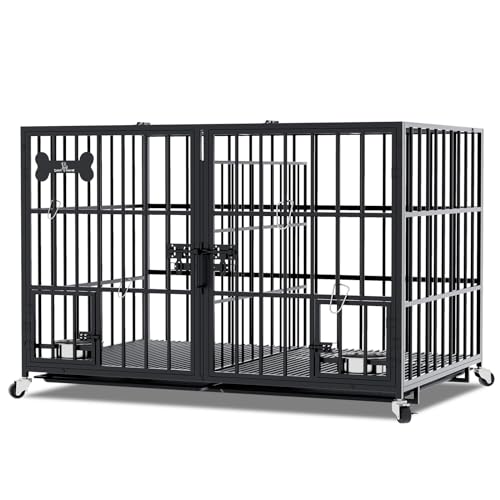 aboxoo 42/48 inch Heavy Duty Metal Dog Crate for 2 Dogs/Large Dog,All Metal Open Top,Dog Kennel Indoor with Wheels,Floor Grid, Tray