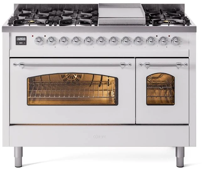 ILVE Nostalgie II 48 Dual Fuel Natural Gas Range in White with Chrome Trim, UP48FNMPWHC