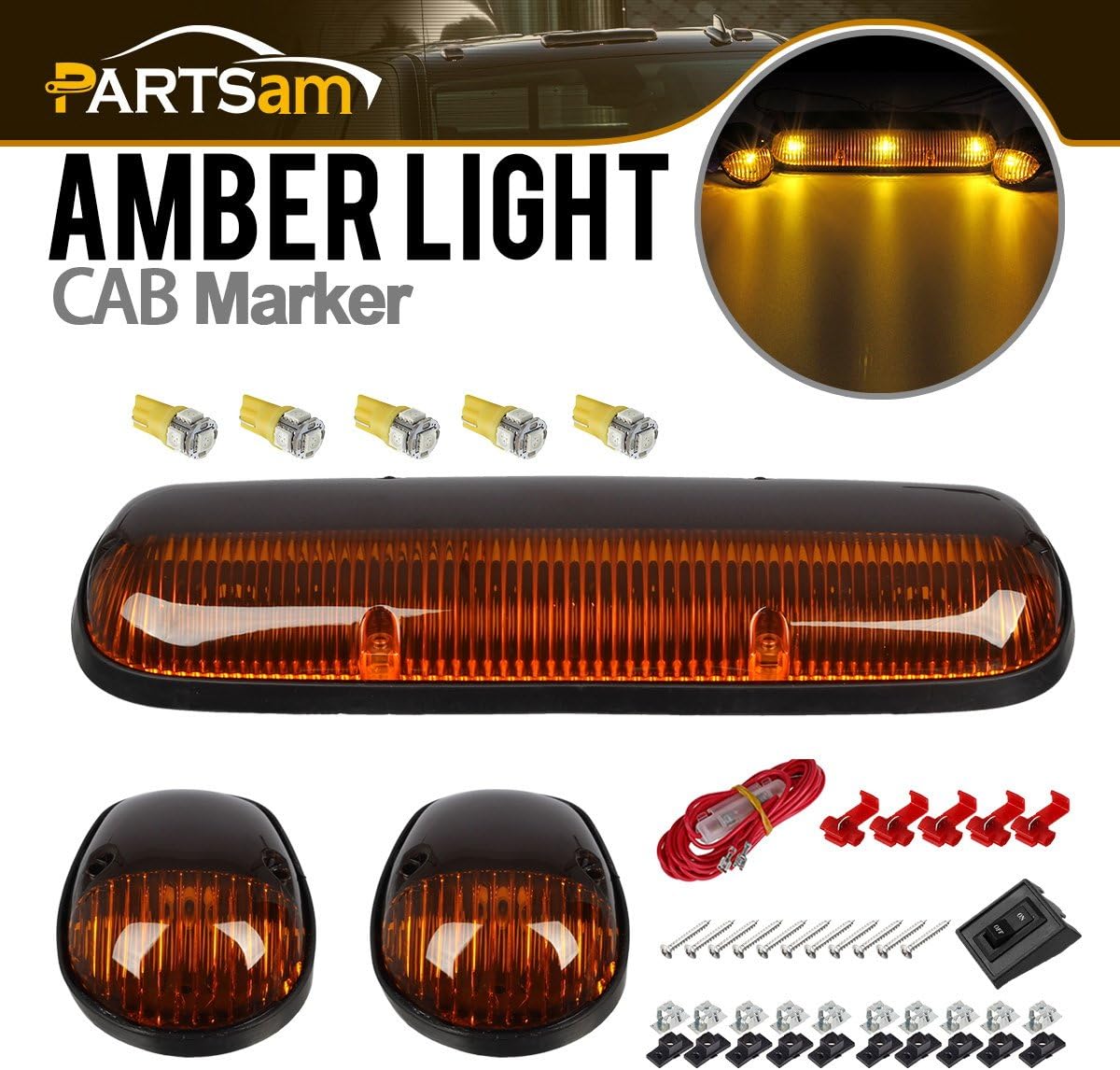 Partsam 3PCS Amber Cab Roof Running Marker Lights +5xT10 5050 Amber LEDs Compatible with Silverado/ Sierra 1500 1500HD 2500 2500HD 3500 2002 2003
