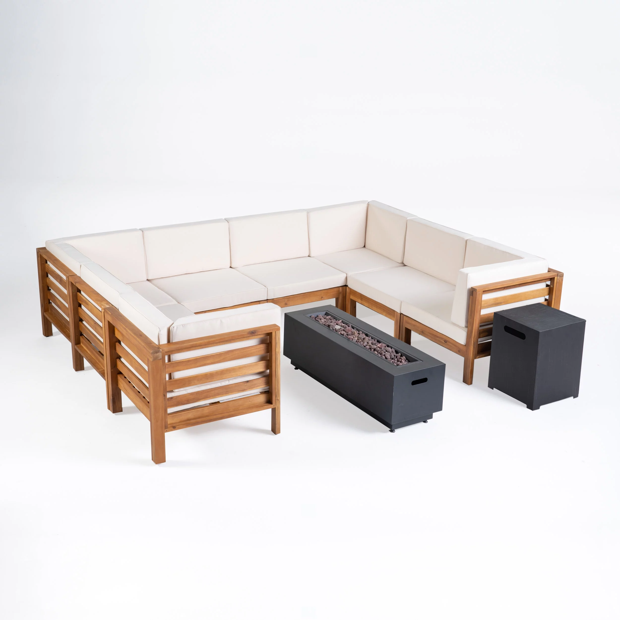 GDF Studio Krystin Outdoor U-Shaped Sectional Sofa Set with Fire Pit, Brown