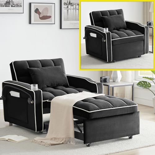 3 in 1 Sleeper Chair with Cup Holder & Swivel Phone Stand , Convertible Lazy Sleeper Sofa Chair with USB Port & Adjustable Back