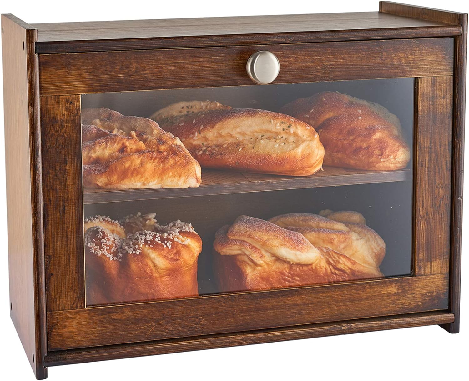 WORTHYEAH Bamboo Bread Box for Kitchen Countertop, Wooden Bread Storage Box with Transparent Window, 2-Layer Large Capacity Bread Storage