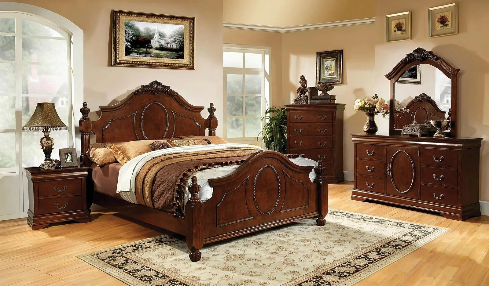 Traditional Brown Cherry Solid Wood Queen Bedroom Set 6pcs FOA CM7952-Q Velda
