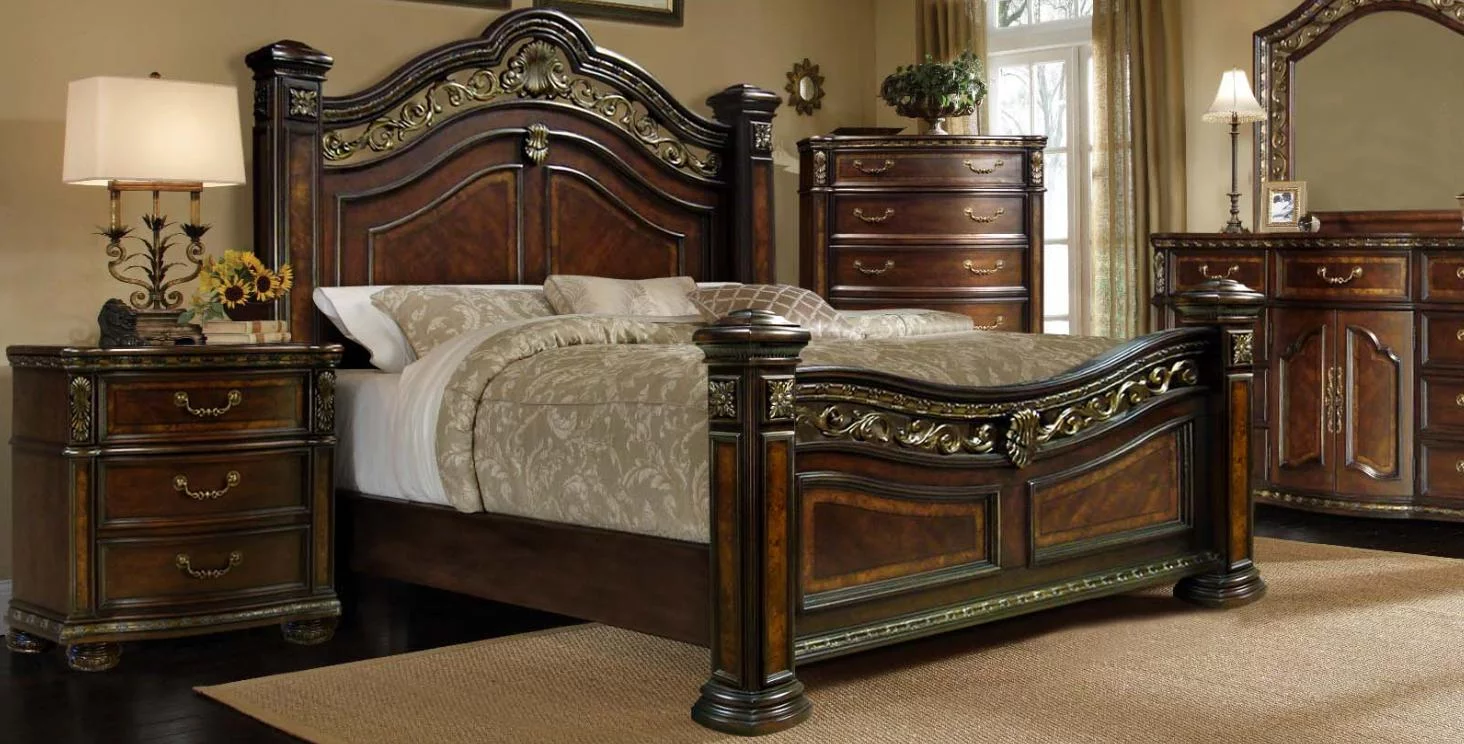 McFerran B163-CK Antique Brass Cherry Wood Finish California King Bed Classic
