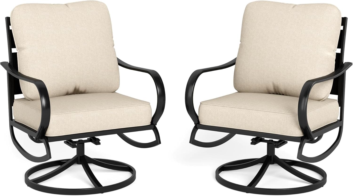 PHI VILLA Patio Furniture Chair Set for 2, Deluxe Outdoor Conversation Set with 2 Swivel Padded Sofa Chair, Full Metal with 5.8" Cushion for Deck