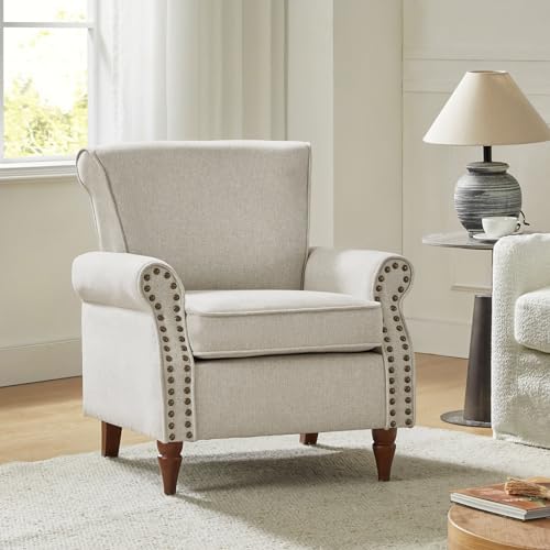 HULALA HOME Modern Accent Chair with Wooden Legs & Nailhead Trim, Small Fabric Club Chair
