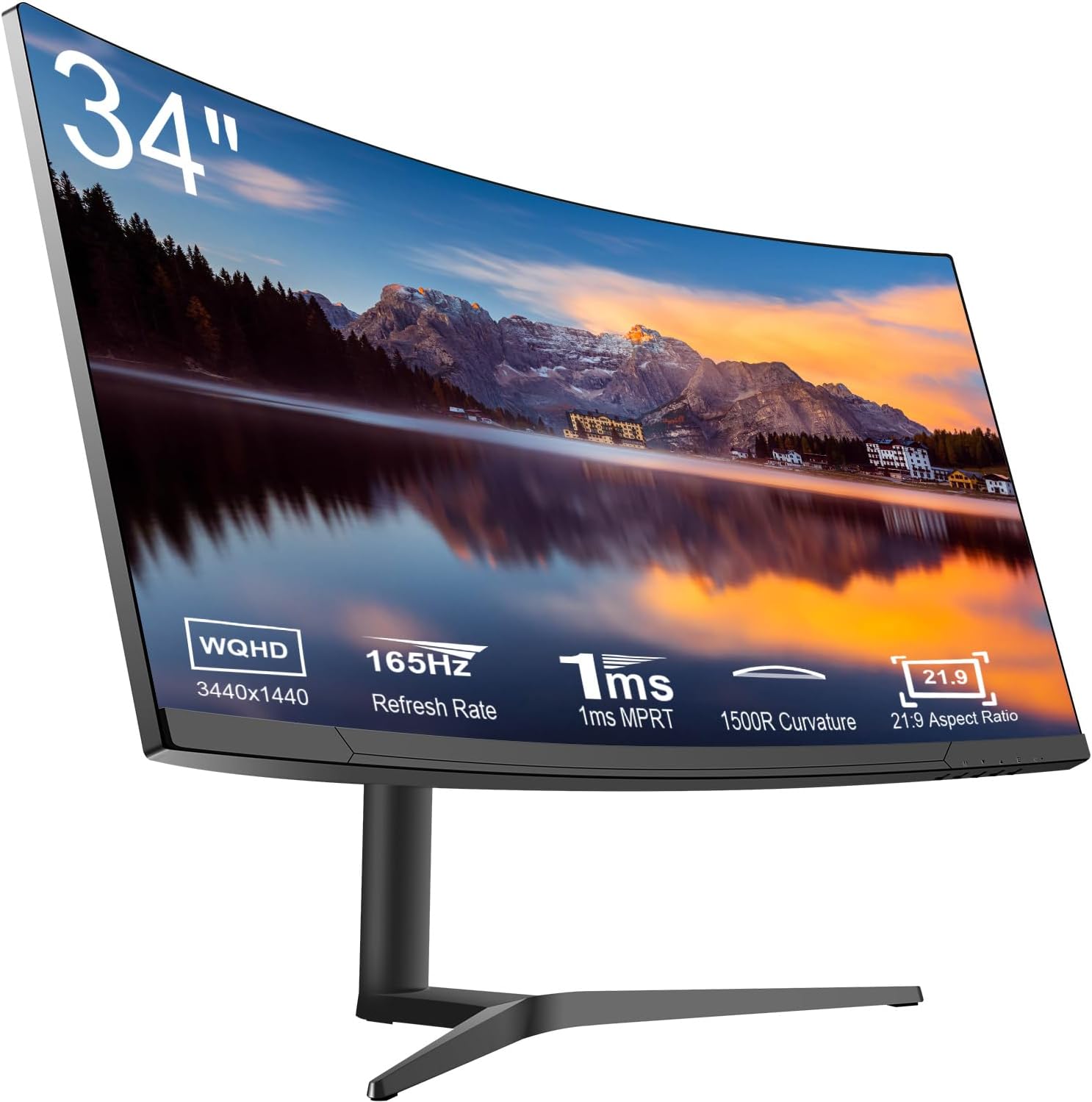 34" Curved WQHD 3440×1440 Gaming Monitor 165Hz, 1ms, 1500R, HDR 10, 100% sRGB PC Screen, AMD Free-Sync Premium/G-Sync Compatible