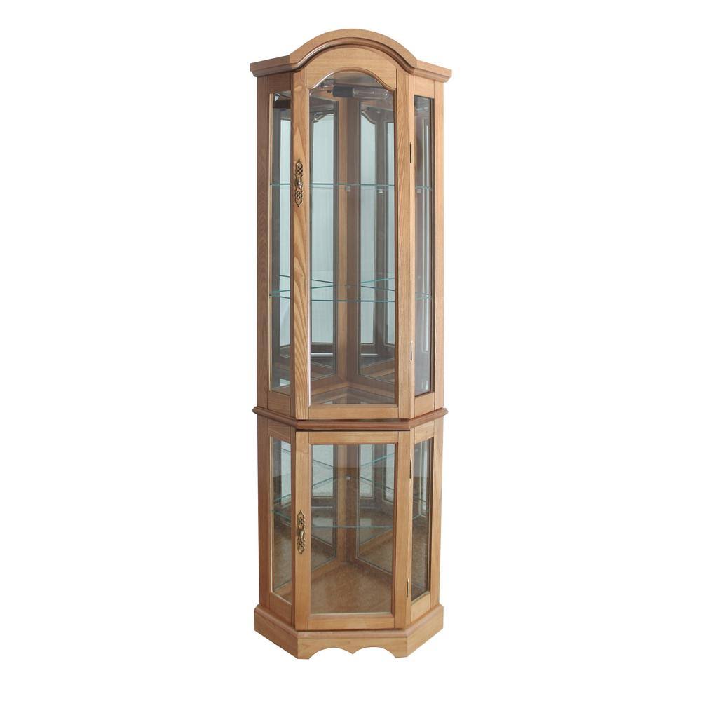 JENLEA Inc Floor Standing Oak 5-Sided Lighted Curio Cabinet, Brown