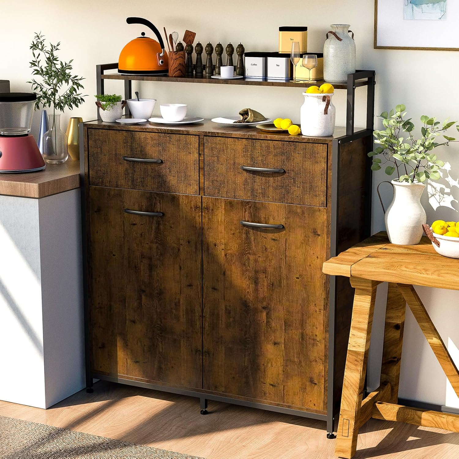 Dual Tilt Out Trash Cabinet, Hidden Trash Bin Cabinet with 2 Drawers and Shelf, Large Kitchen Trash Bin Cabinet MDF board