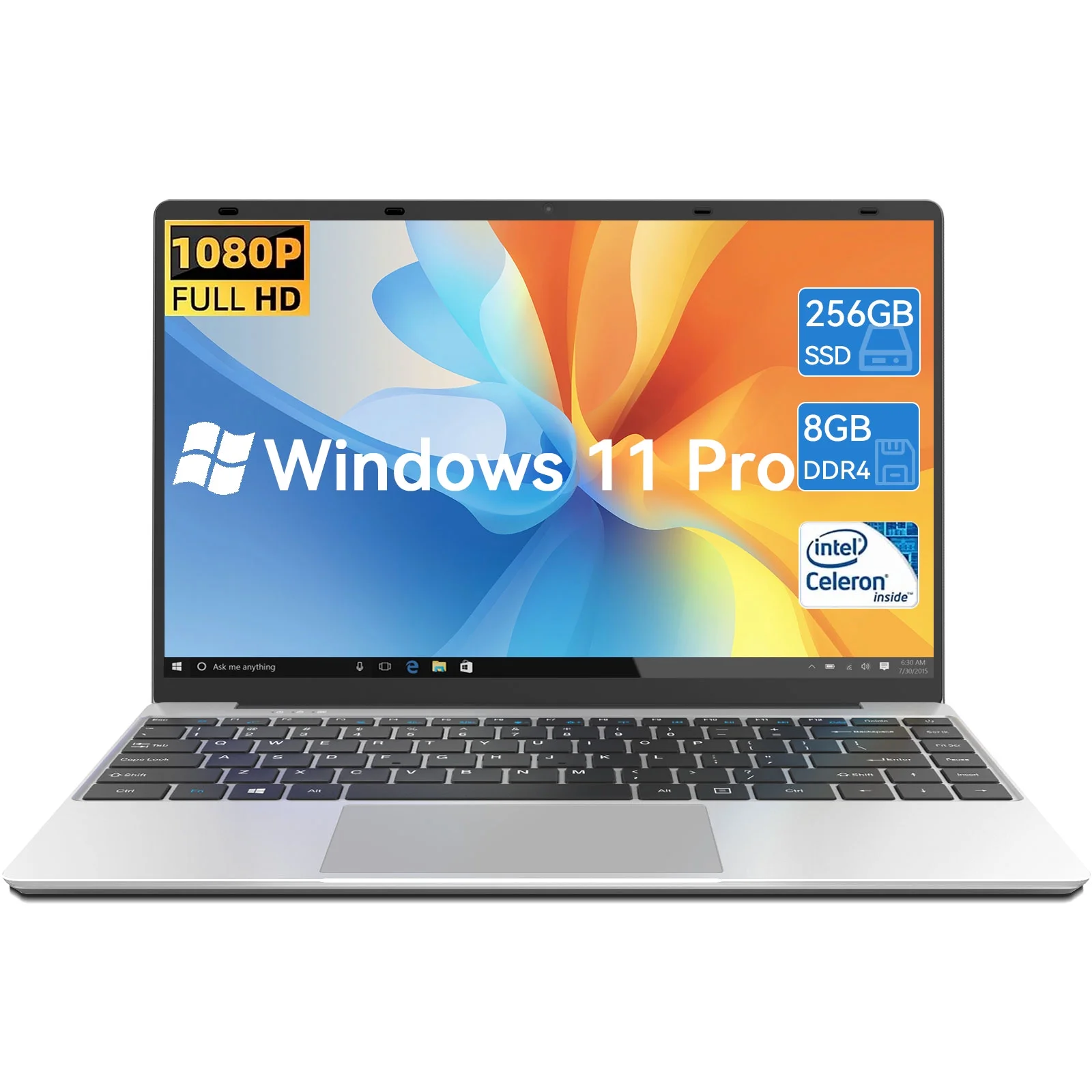 Temlicolo 14.1" Laptop, 8GB RAM PC, 256GB SSD, Intel Celeron N4020C up to 2.8GHz, Windows 11 Pro, Webcam, 1TB SSD Expansion, Silver