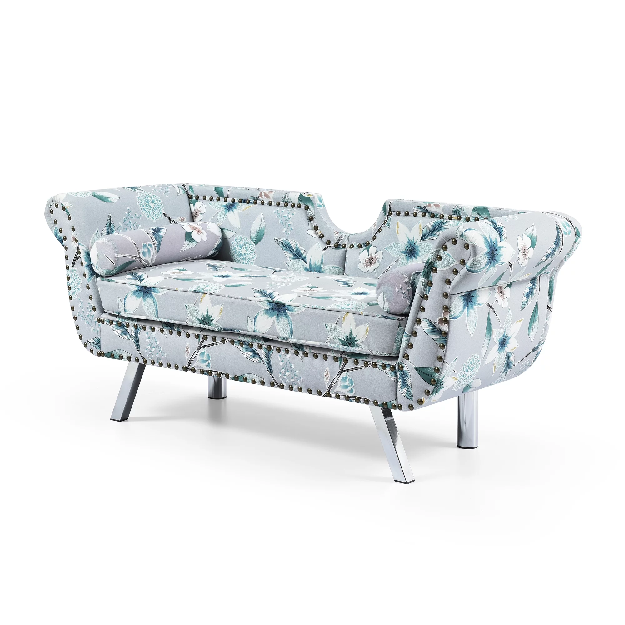 Modern Velvet Upholstered Loveseat Sofa, End of Bed Bench Settee with Nailhead Trim Arms Removable Cushion Metal Legs