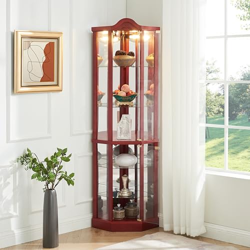 AMNOOL Glass Cabinet Lighted - Antique Style Corner Curio Display Cabinet with Adjustable Shelves - Ideal for Wine, Books, and Collectibles