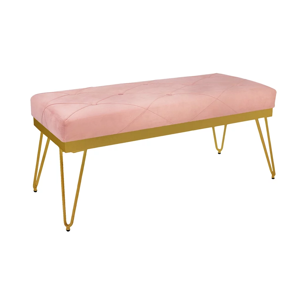 Leejay 44 inch Pink Velvet Bedroom Bench for End of Bed,Kitchen Dining Room Bench with Golden Leg