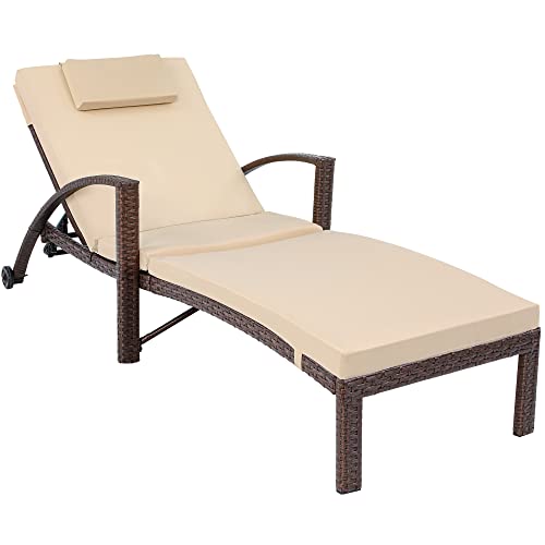 YITAHOME Outdoor Chaise Lounge Chair, PE Rattan Wicker Patio Pool Loungers with 5-Position Adjustable Backrest, Armrests, Cushion, Pillow