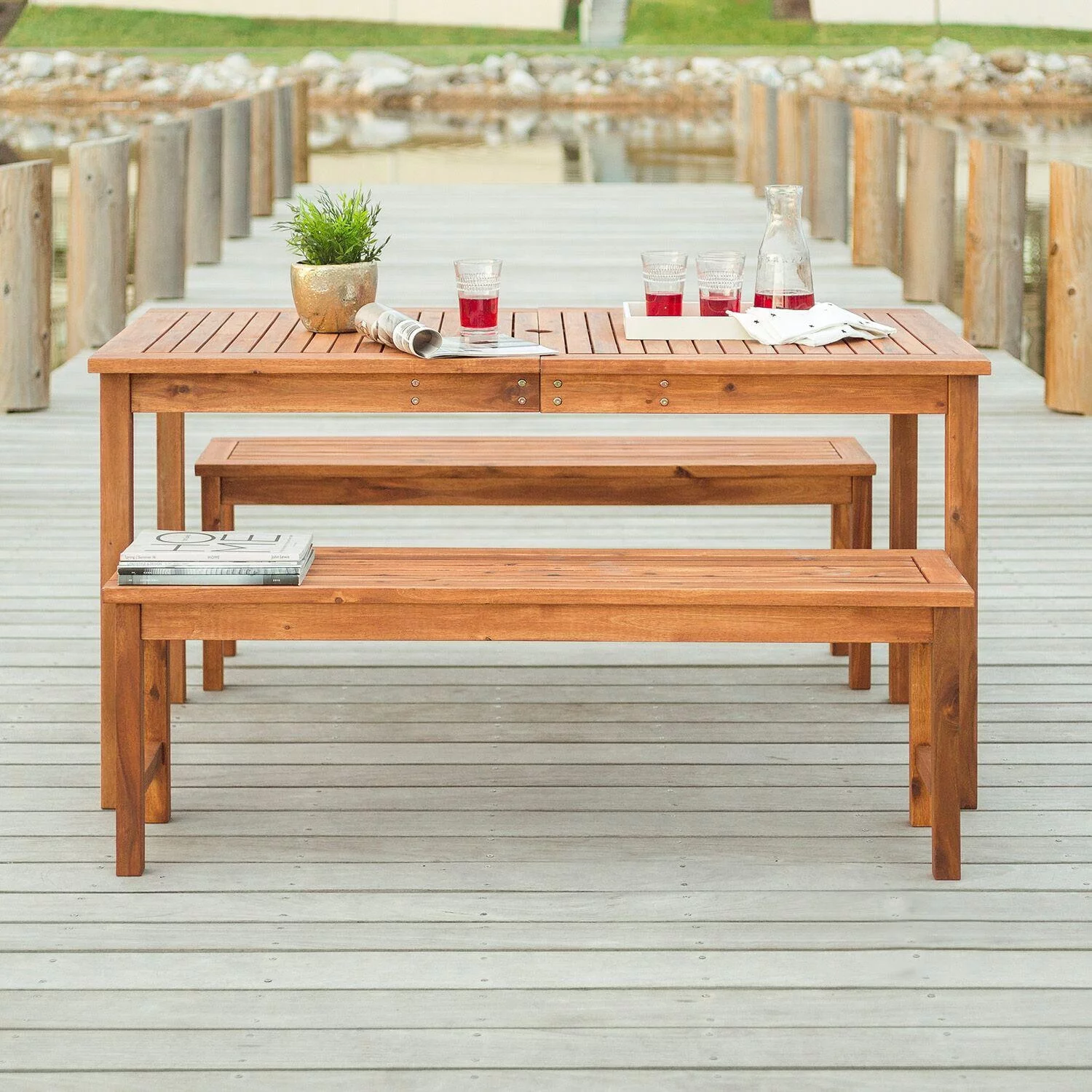 Acacia Wood Simple Patio 3-Piece Dining Set - Brown
