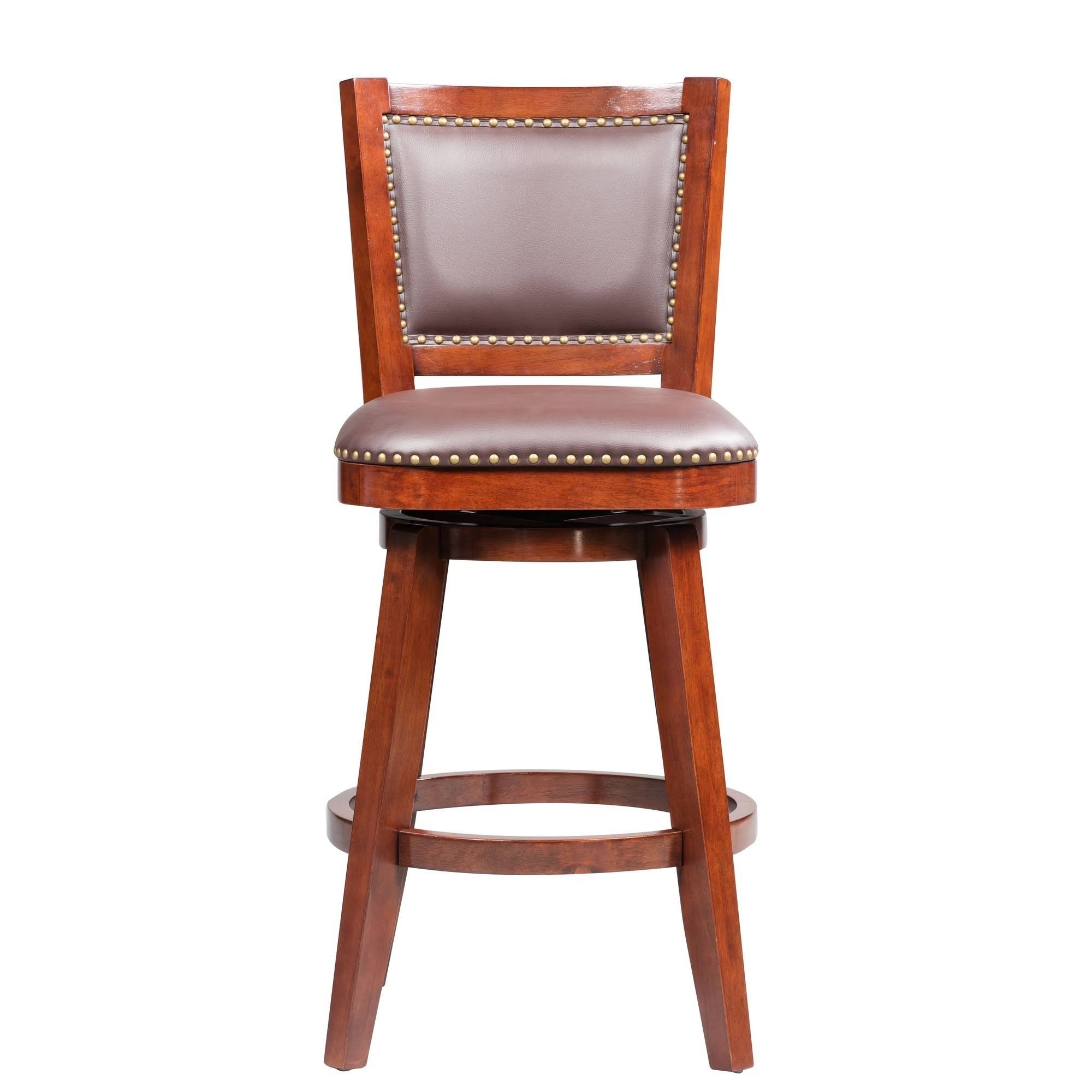 Swivel Bar Stool with Curved Padded Back and Nailhead TRIM, Cherry Brown, Saltoro Sherpi
