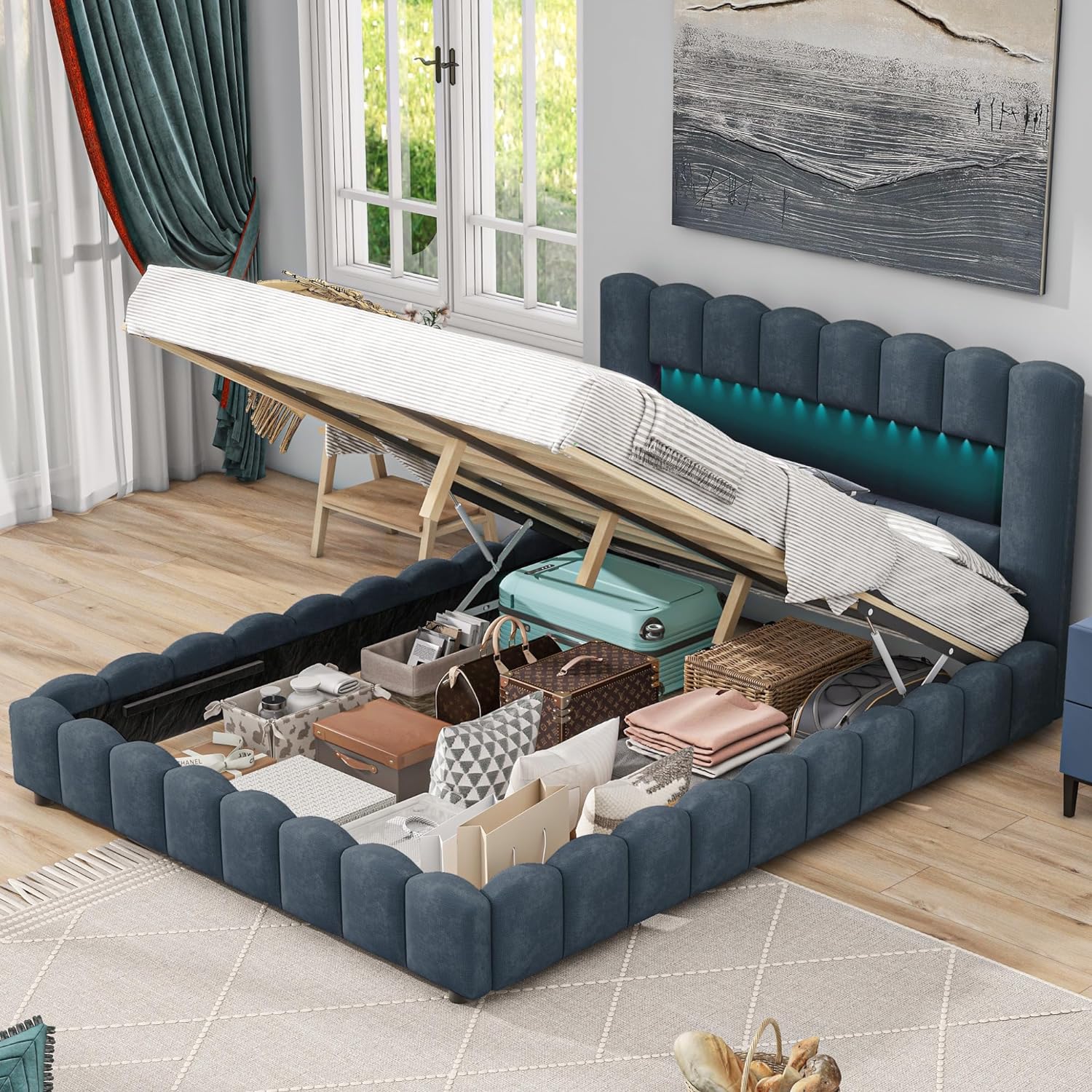 Upholstered Queen Size Bed With Lift Up Storage, USB Ports And LED Headboard, Linen Queen Platform Bed With Slats Support, No Box Spring Needed