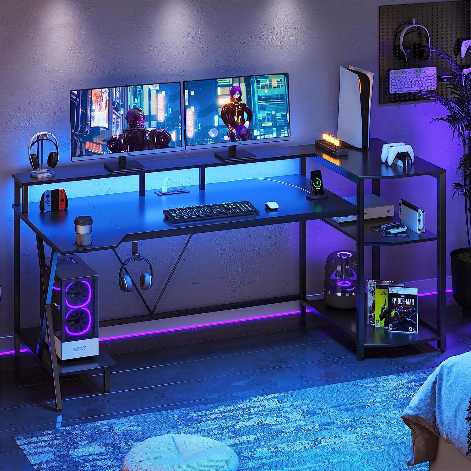 70.8'' Computer Desk with LED Lights and Storage Shelves, Gaming Desk with Monitor Stand, Power Outlets and Cup Holder